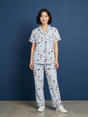 Women’s Blue Penguin Printed Cotton Night Suit Set