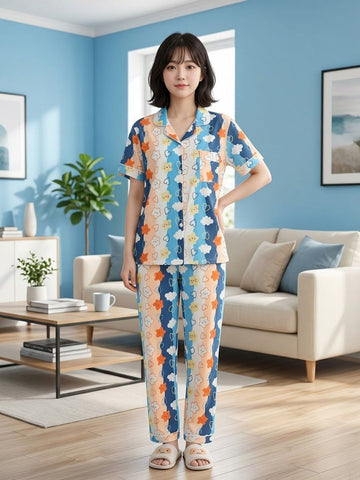 Women’s Blue & White Character Printed Night Suit Set