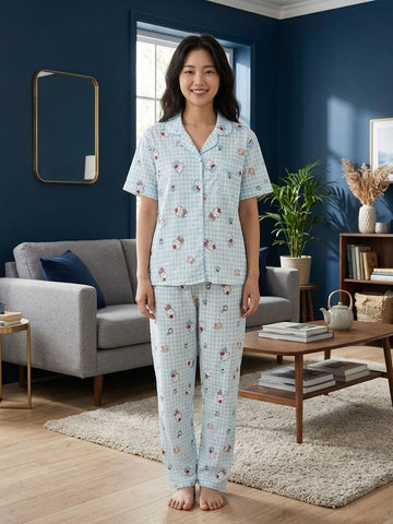 Women’s Sky Blue Character Printed Cotton Night Suit