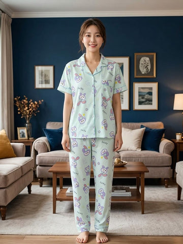 Women’s Pink Cartoon Printed Cotton Night Suit Set