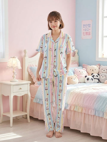 Women’s Pink Stripe Printed Cotton Night Suit Set