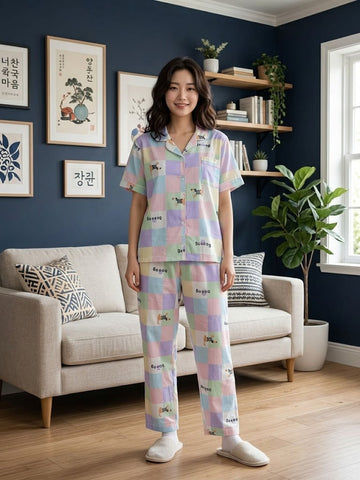 Women’s Cute Cartoon Printed Cotton Night Suit Set