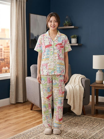 Women’s Blue Cartoon Printed Night Suit Set
