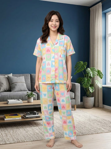 Women’s Blue Character Printed Cotton Night Suit Set